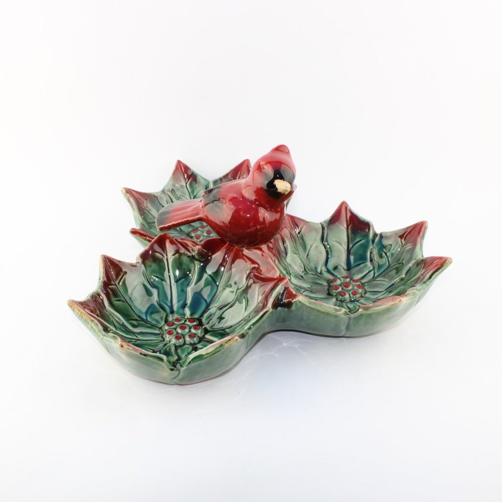 Cardinal on Poinsettia Serving Dish